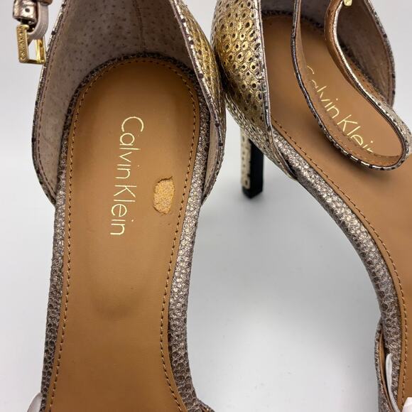 Calvin Klein Metallic Peep Toe Saiden Lizard Heels Gold  Ankle Strap Size 8 NEW - Picture 2 of 6